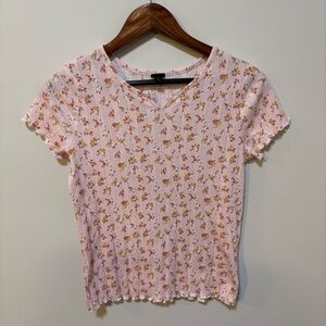 Coquette Floral Ribbed Lettuce Hem Soft Girl Juniors Tee